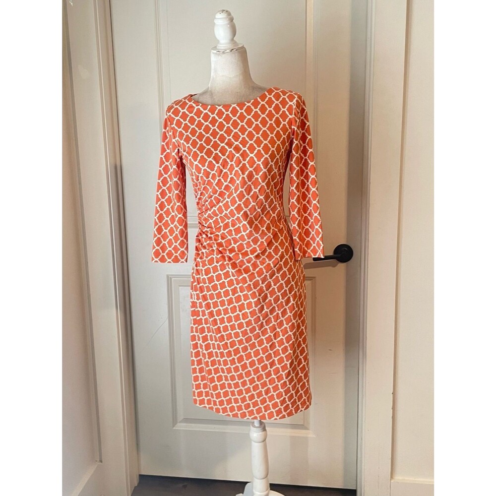 J. Maclaughlin Catalina cloth Orange Patterned Sheath Dress side ruched Sz S